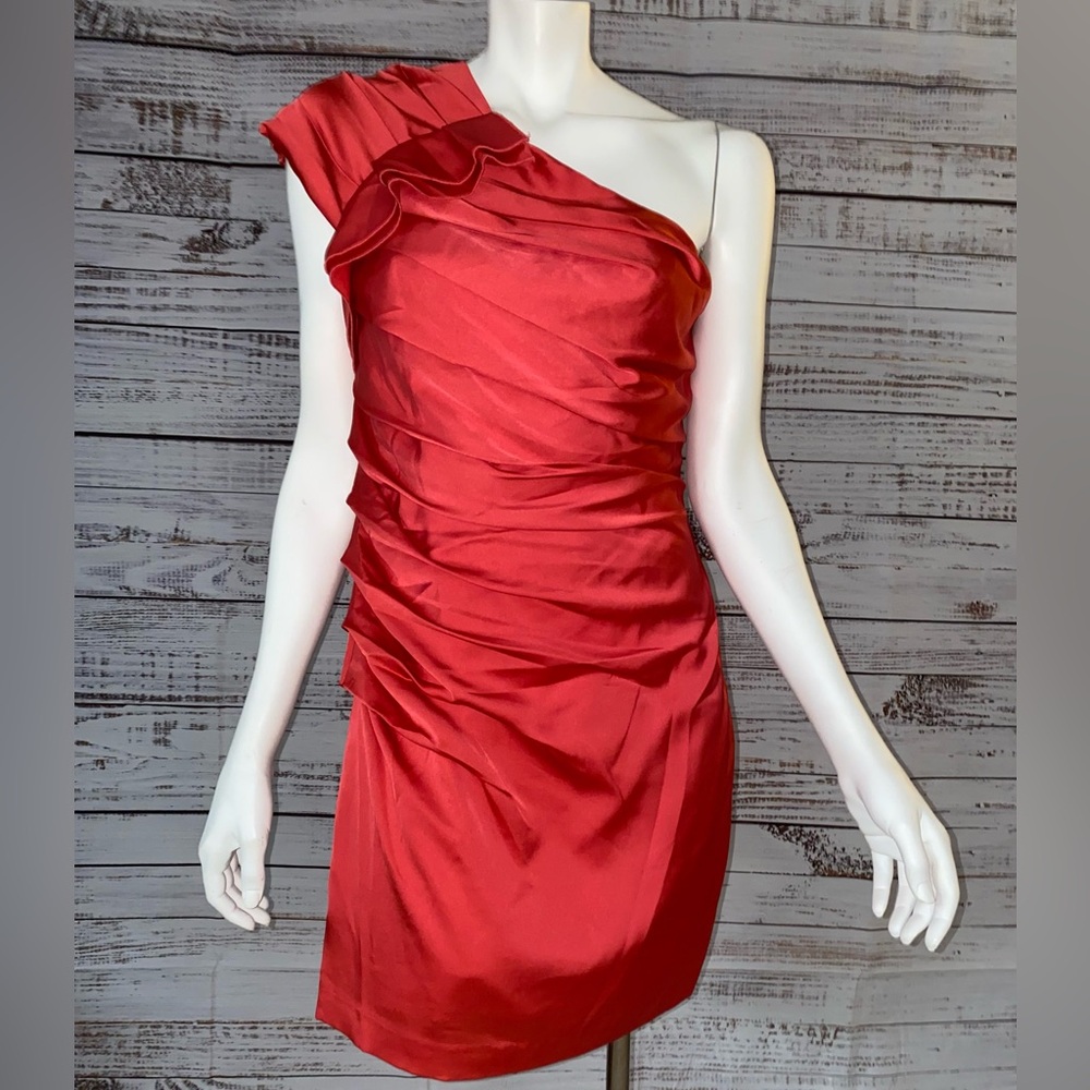 Express one shoulder satin coral cocktail dress with ruching size 6